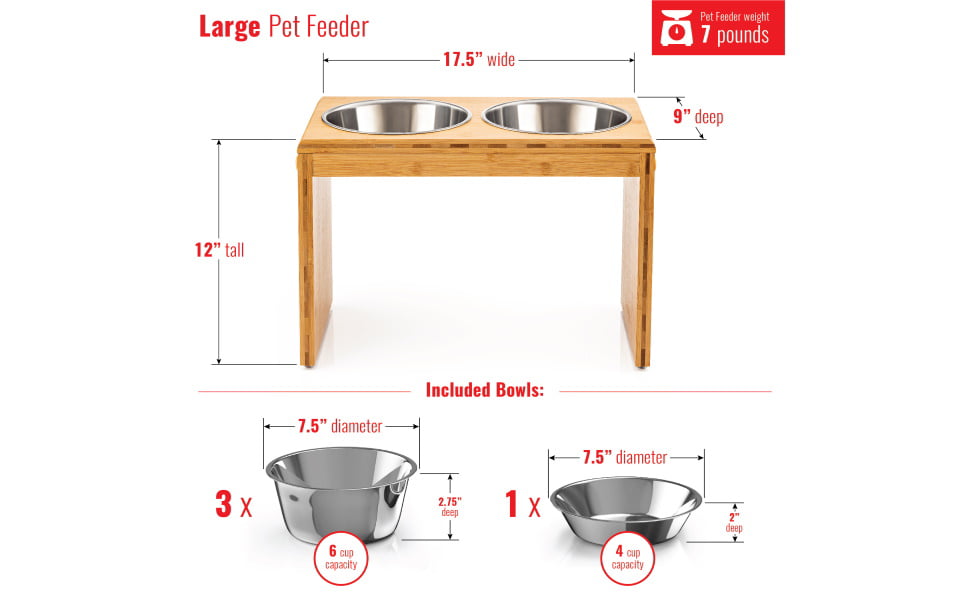 Large 12" Tall Elevated Dog & Pet Feeder- Double Bowl Raised Food & Water Stand- Includes 2 Extra Stainless Steel Bowls, 4 Bowls Total