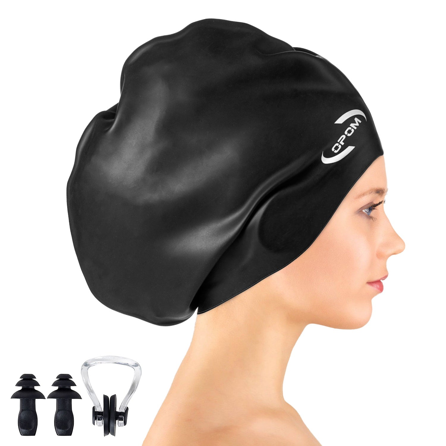 Opom Extra Large Swimming Caps,Silicone Waterproof Swimming Hat Anti-Silp Bathing Cap for Woman Men-Black