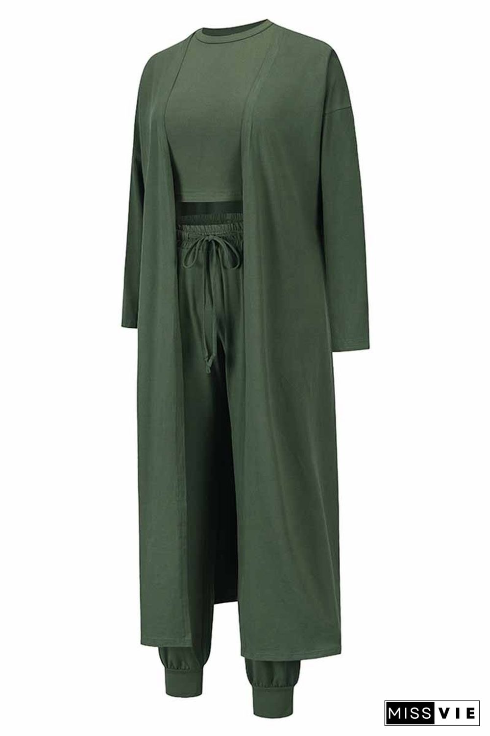 3 Piece Sleeveless Top & Drawstring Pants & Longline Cardigan Set