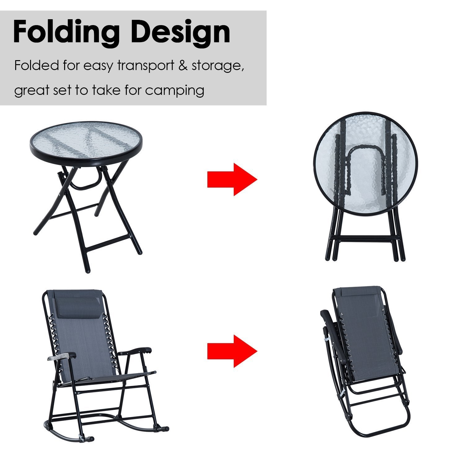 ametoys Outdoor Folding Rocking Chair Patio Table Seating Set, 2 Rocking Chairs with Armrests and 1 Side Table with Tempered Glass - Grey