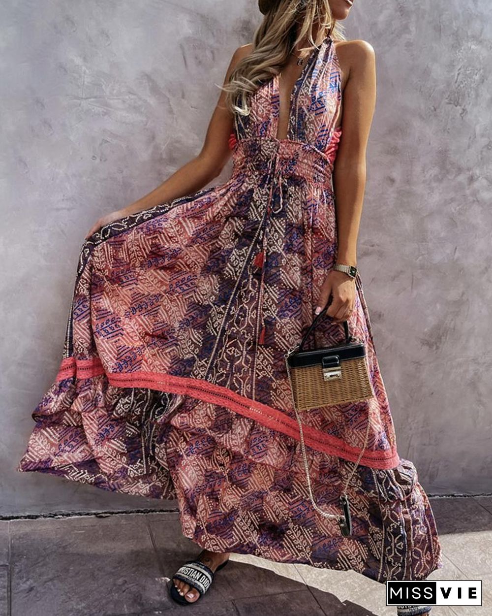 Floral Print Ruffle Tie Back Bohemian Maxi Dress P11908