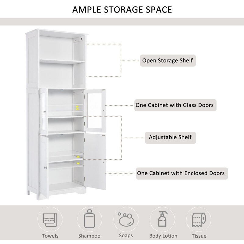 Wooden Freestanding Tower Cabinet Tall Bathroom Storage with Shelves and Doors