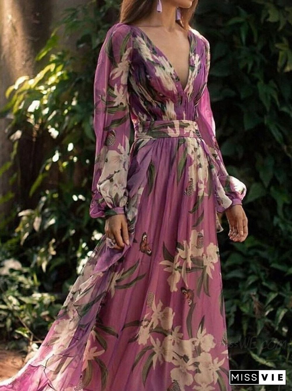 Summer Beach Dress New Printed Women's Dress V-neck Long-sleeved Swing Vintage Dress Vestidos De Mujer