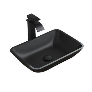 Interbath Matte Shell Glass Rectangular Vessel Bathroom Sink in Black with Faucet and Pop-Up Drain in Matte Black ITB110MB02