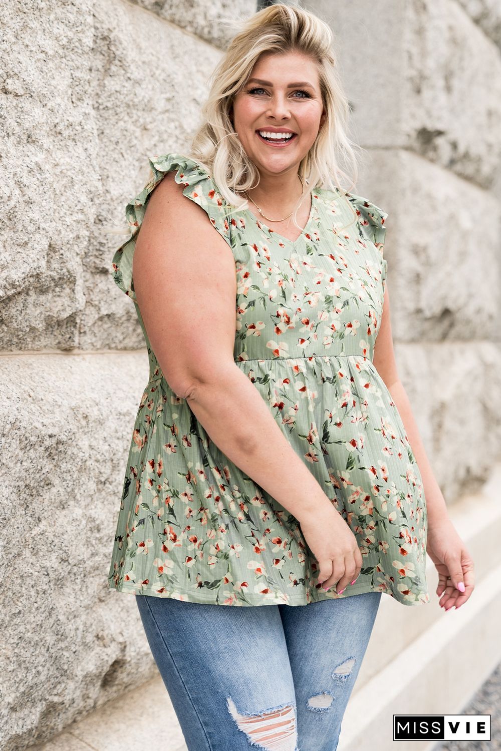 Green Floral Flutter Shoulder Plus Size Tank Top