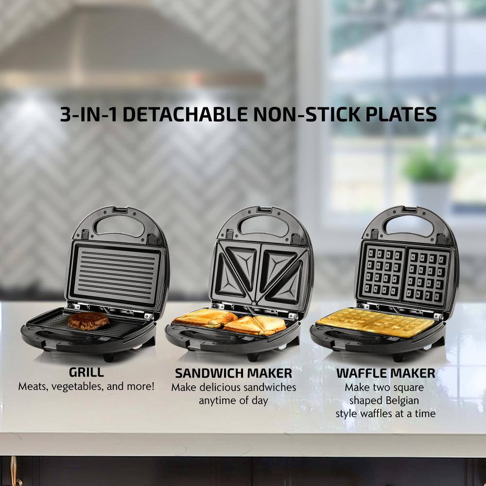 OVENTE 3-in-1 Electric Sandwich Maker Detachable Non-Stick Waffle and Plates 750-Watts LED Indicator Lights GPI302 Black GPI302B