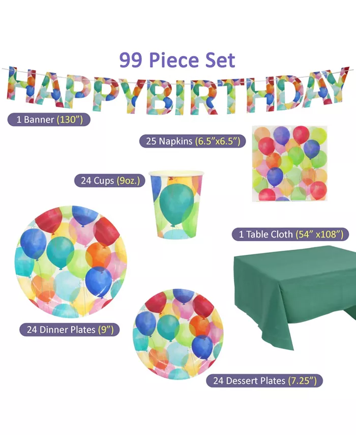 Puleo Disposable Birthday Party Set Serves 24 with Large and Small Paper Plates Paper Cups Straws Napkins Tablecloth and Banner