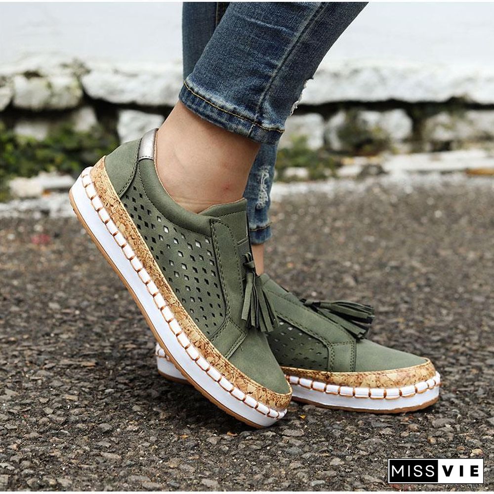 Women Slip On Hollow Out Flats Ladies Breathable Loafers Casual Platform Vulcanized Sewing Sneakers Shoes