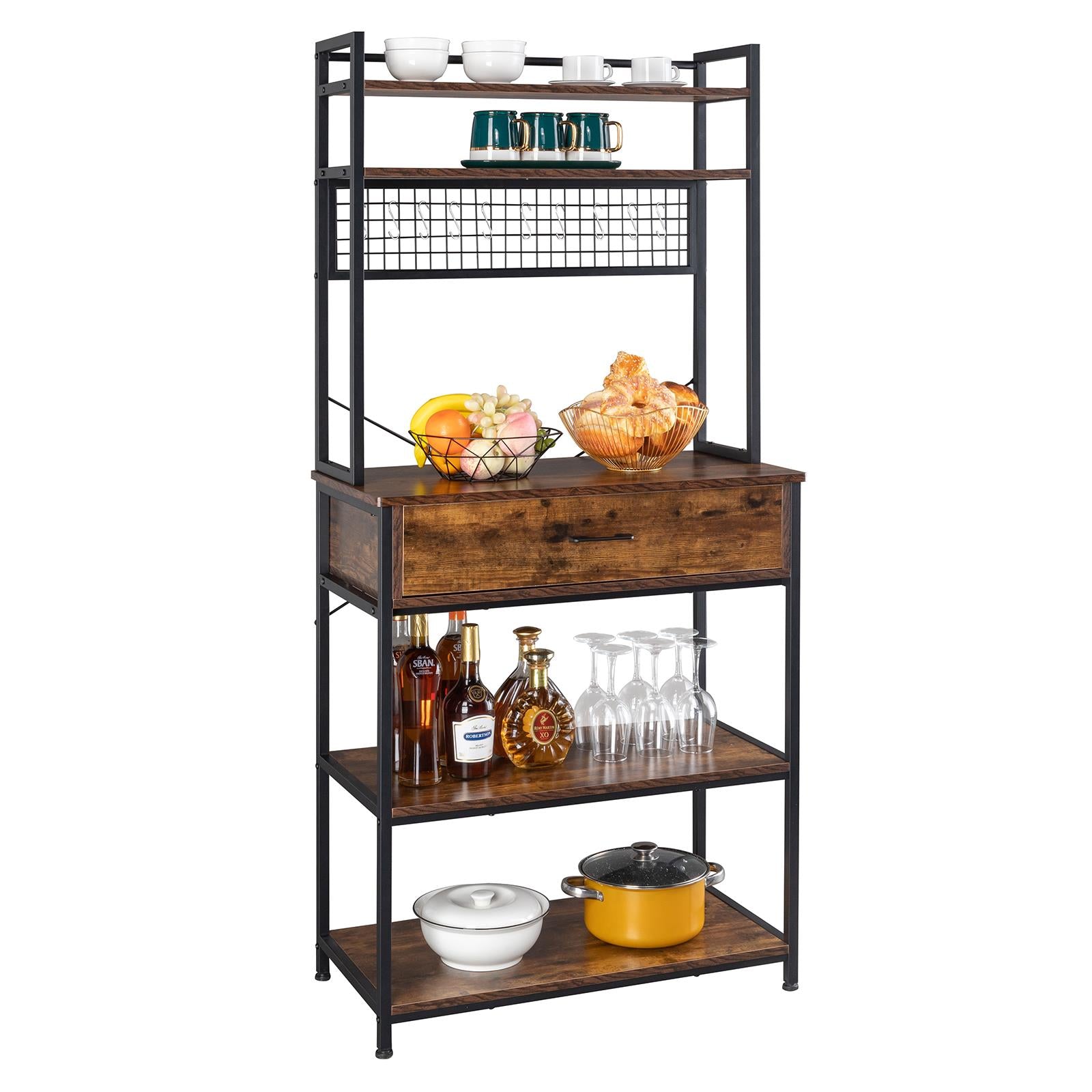 Zimtown 5 Tiers Bakers Rack Industrial Kitchen Island with Storage Drawer， Microwave Oven Cart Coffee Bar Stand W/ Shelf and 10 S-Hooks， Rustic Brown Finish