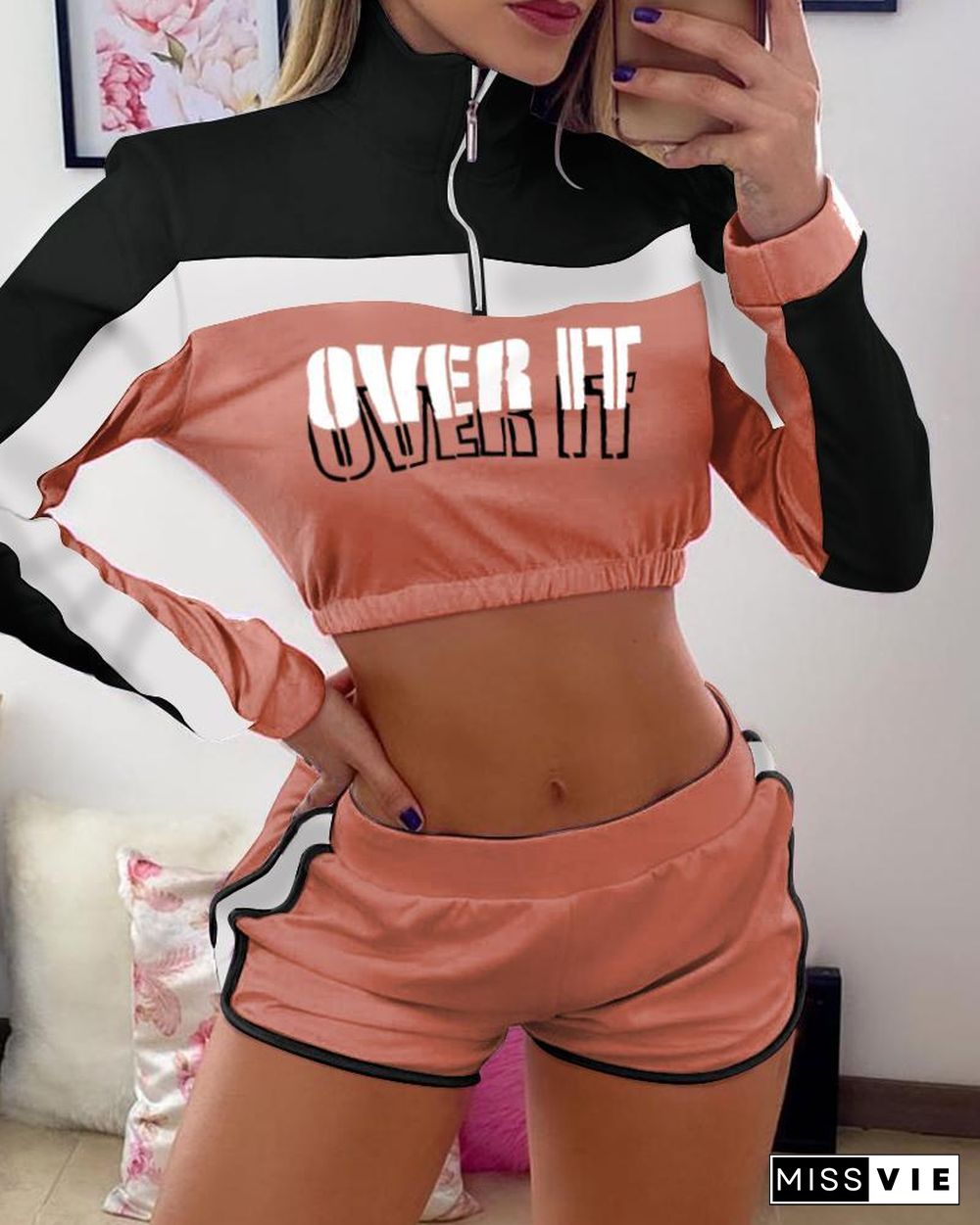 Zipper Design Letter Print Colorblock Crop Top & Shorts Set P16451