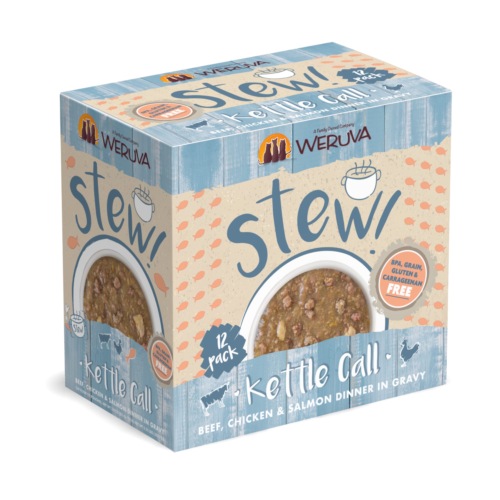 Weruva Stew! Kettle Call Beef， Chicken and Salmon Dinner in Gravy Wet Cat Food， 3 oz.， Case of 12