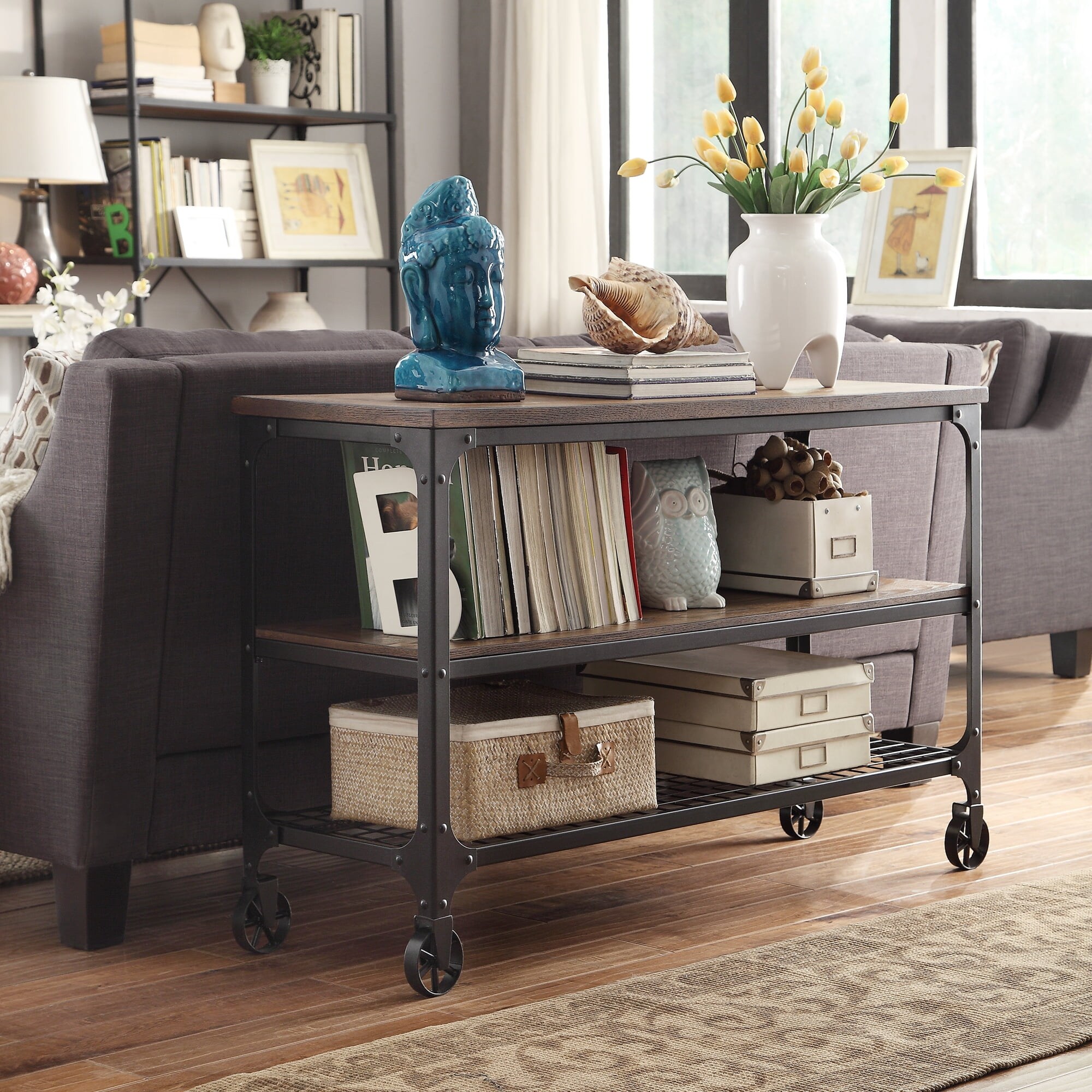 Avery Industrial Wood and Metal Console Table with Wheels， Black/Brown Finish