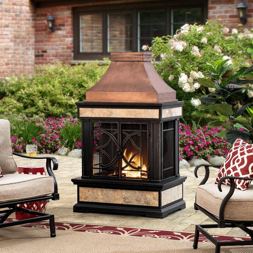 Sunjoy Curtis 56.69 in. Wood Burning Outdoor Fireplace with Bronze Highlights 169476