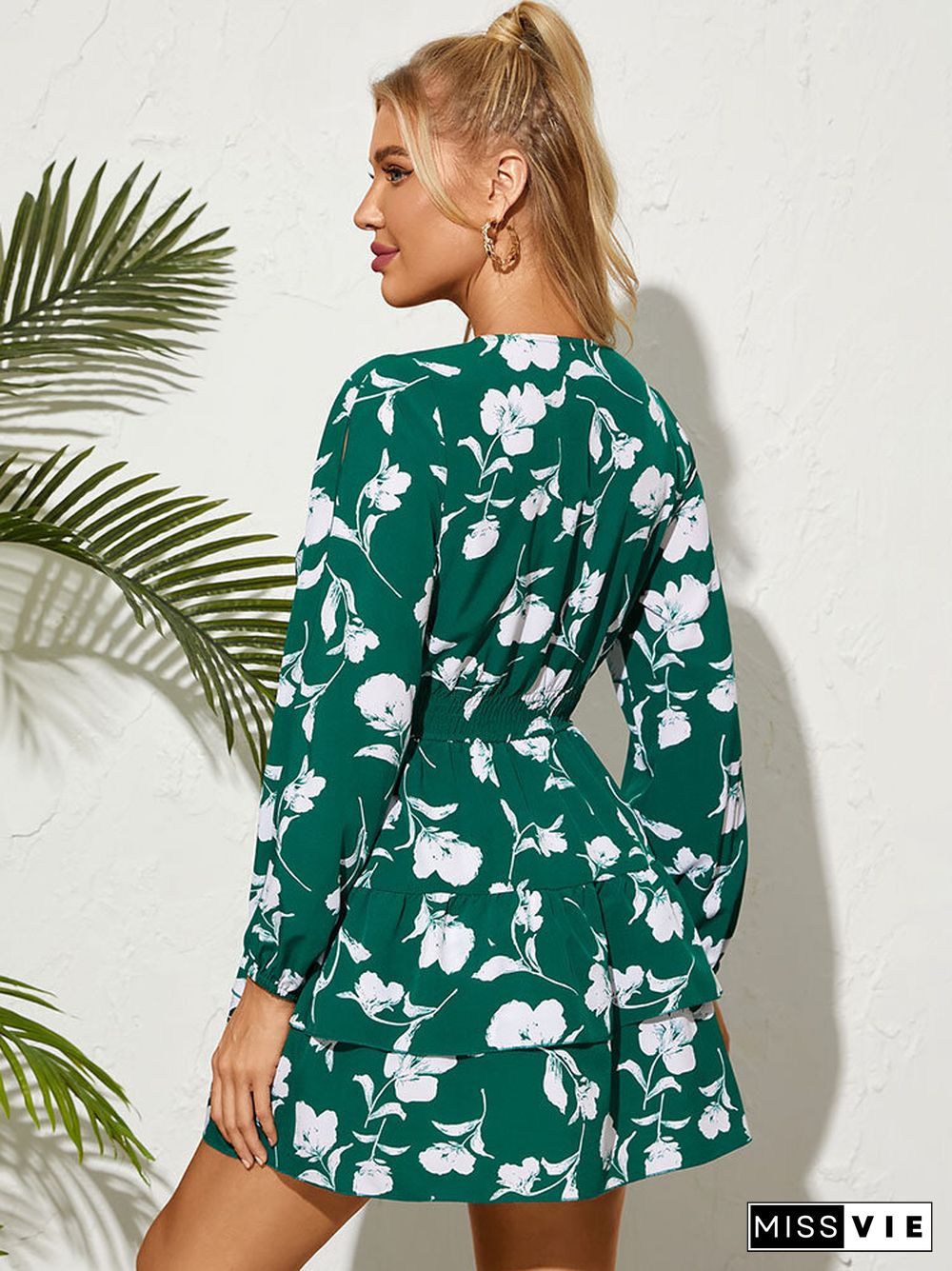 Flower Print Cut Out Layered Long Sleeve V-neck Dress