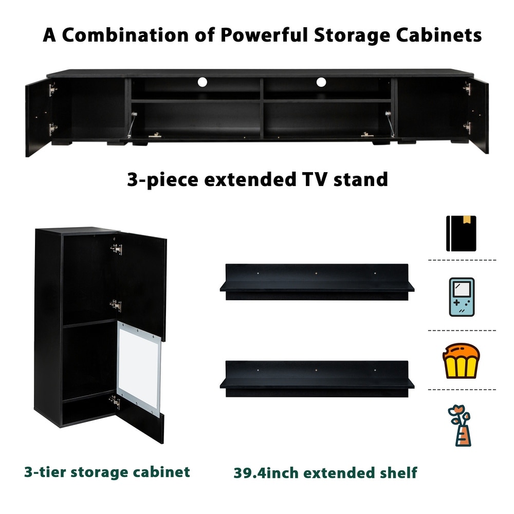 Floating TV Stand with 3 Storage Cabinets   2 Shelves  Modern High Gloss TV Cabinet with 16 Color RGB LED Lights for Living Room