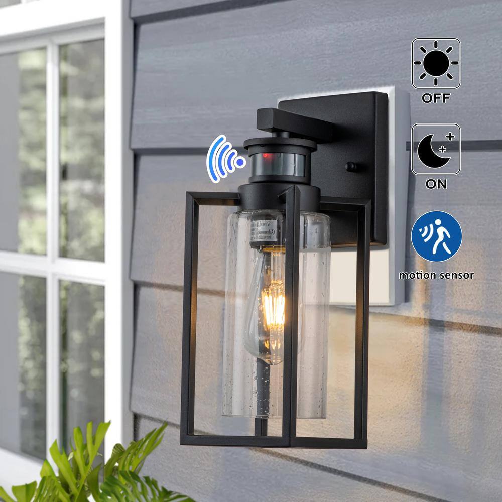 C Cattleya 1-Light Matte Black Motion Sensing Dusk to Dawn Not-Solar Outdoor Wall Lantern Sconce with Clear Seeded Glass CA2278-W