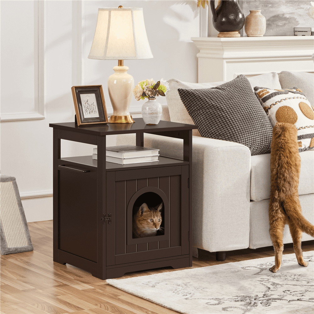 Topeakmart Indoor Wooden Cat Litter Box Enclosure with Open Shelf， Espresso