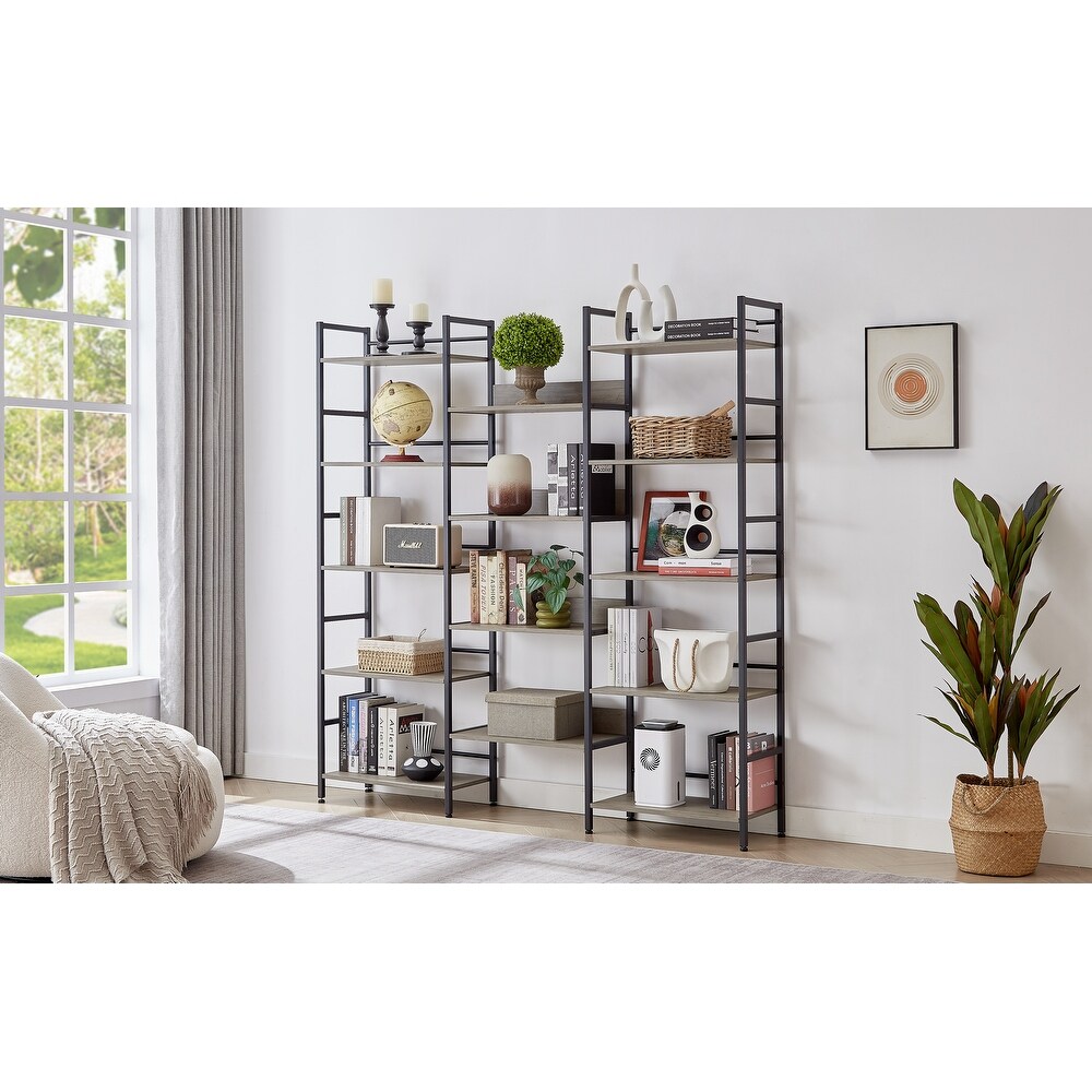 Triple Wide 5 Tiers Large Bookshelves Industrial Wooden Bookshelves for Home or Office 3 Wide Display Racks 14 Open Shelves