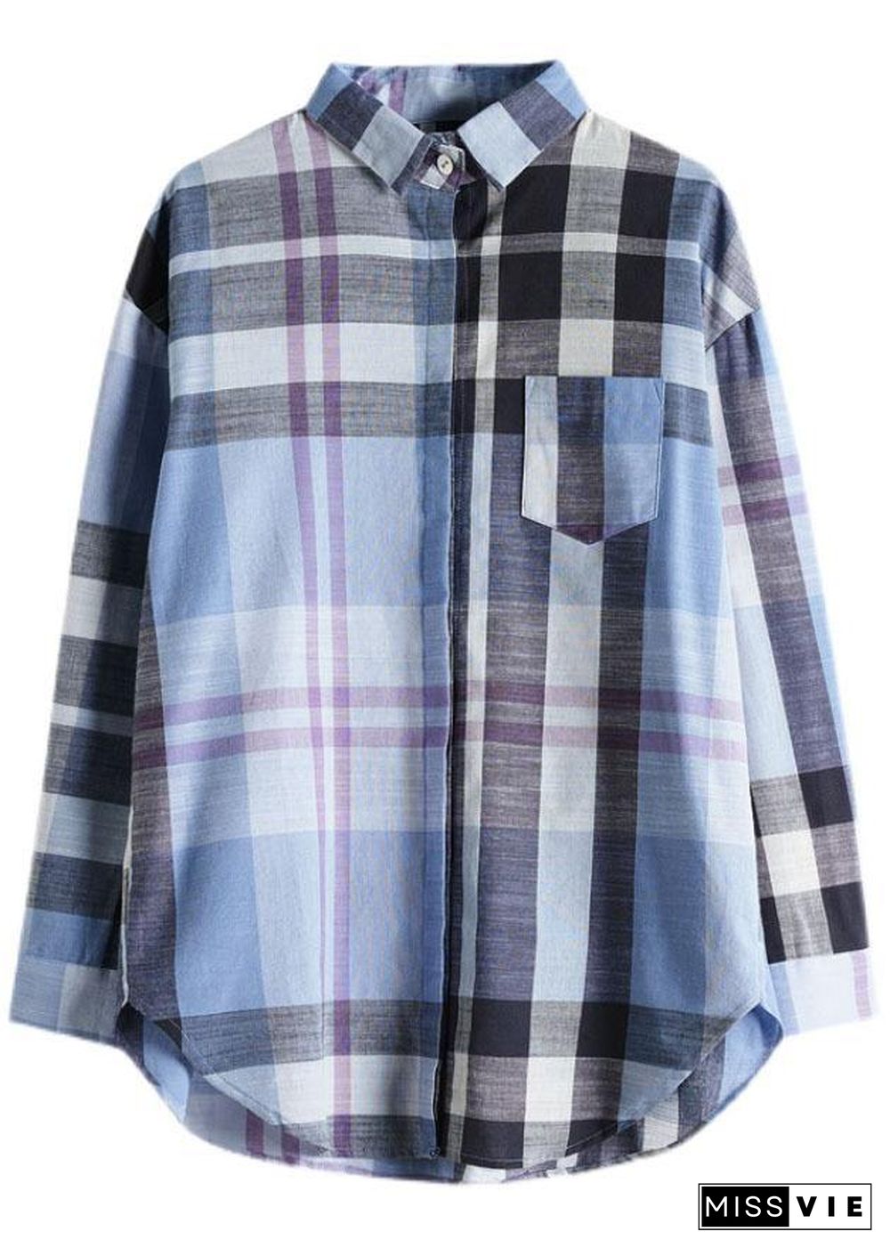 Fine Blue Plaid Print Pockets Button Fall Shirt Long Sleeve