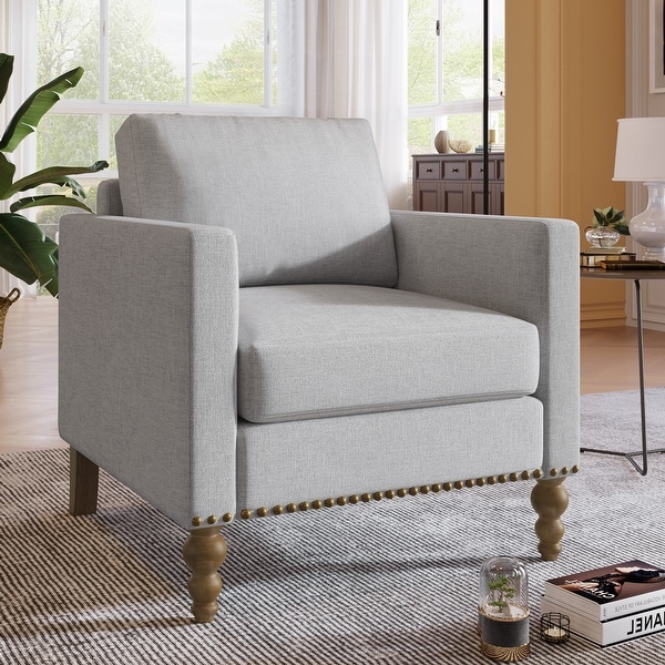 Classic Linen Armchair Accent Chair w/Bronze Nailhead Trim Wooden Legs