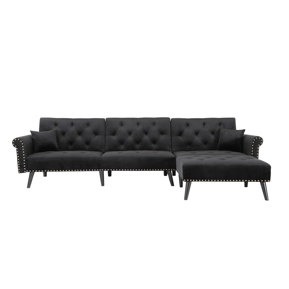 L Shape Velvet Sectional Sofa with 2 Pillows  Button Tufted Nails Convertible Sleeper