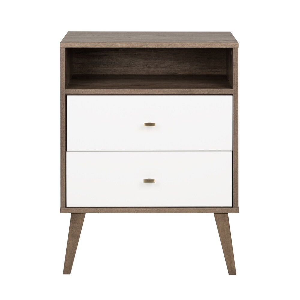 Prepac Milo Mid Century Modern 2 Drawer Nightstand with Open Shelf  Bedside Table  Contemporary Bedroom Furniture