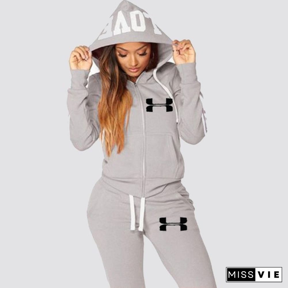 New Female Fashion Casual Zipper Stripe Sports Hoodie Set + Stretch Waist Sports Pants Set