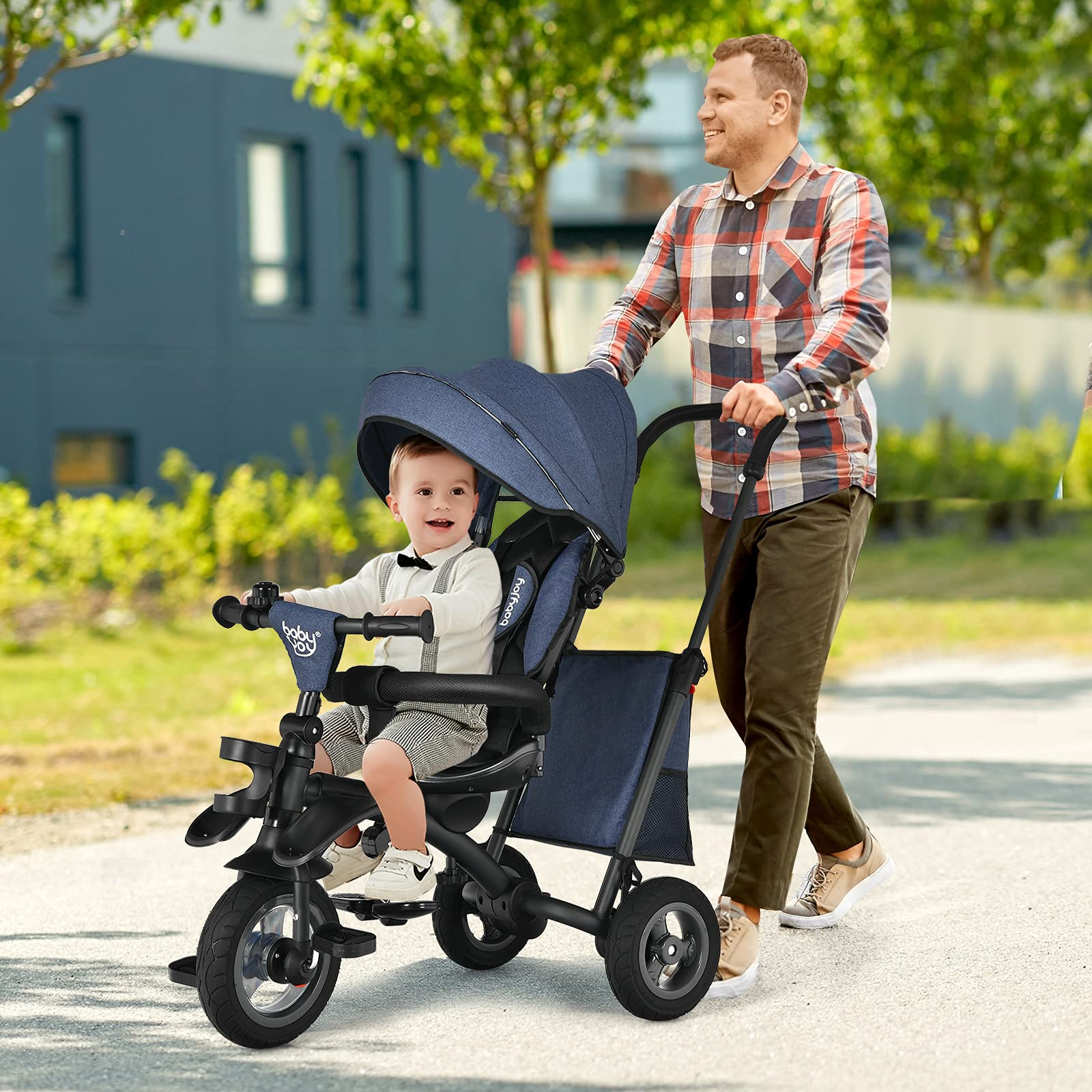 BABY JOY Toddler Tricycle, 7 in 1 Folding Steer Trike w/Rotatable Seat, Adjustable Canopy