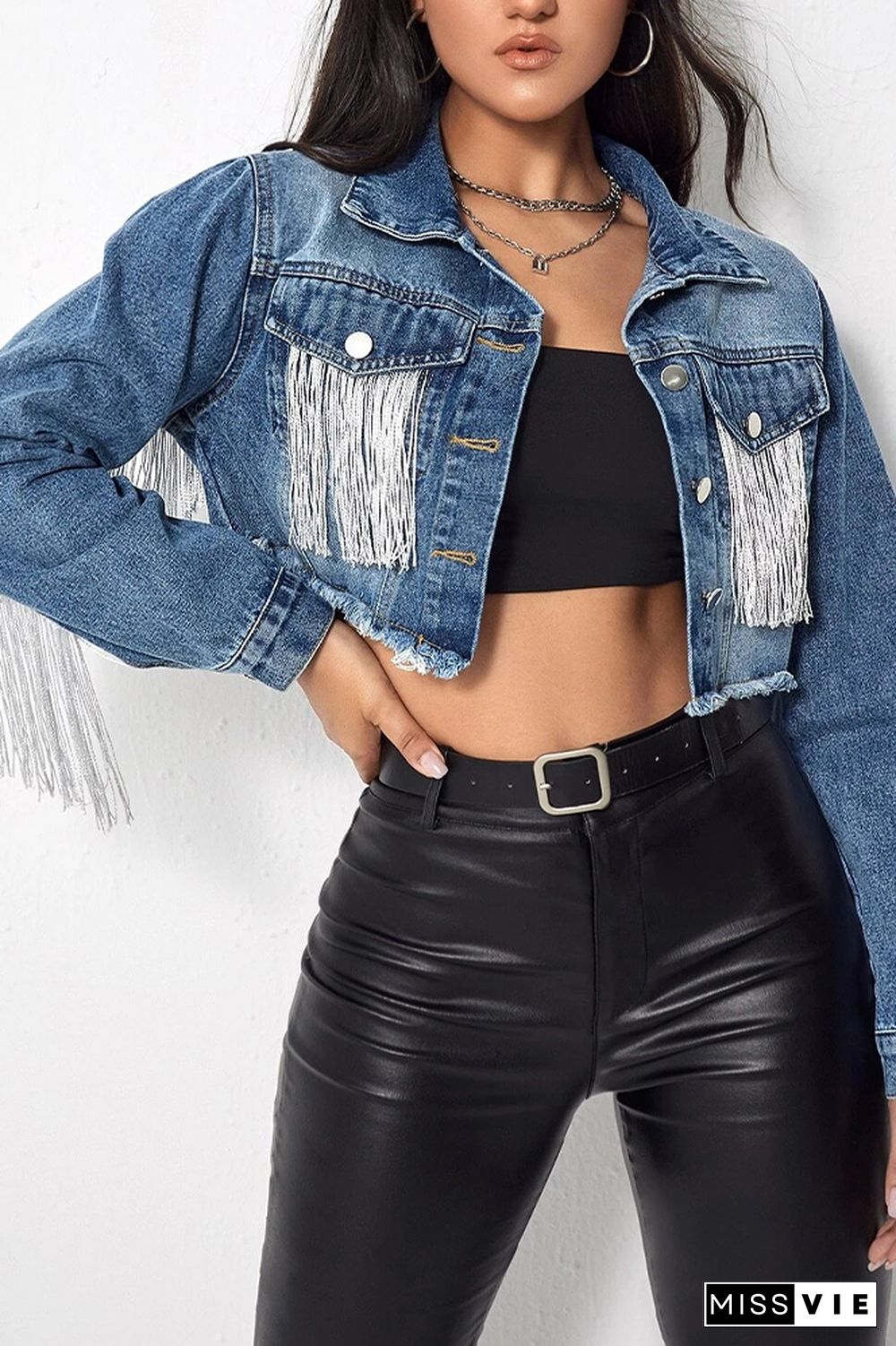 Distressed Short Denim Tassle Jacket Coat