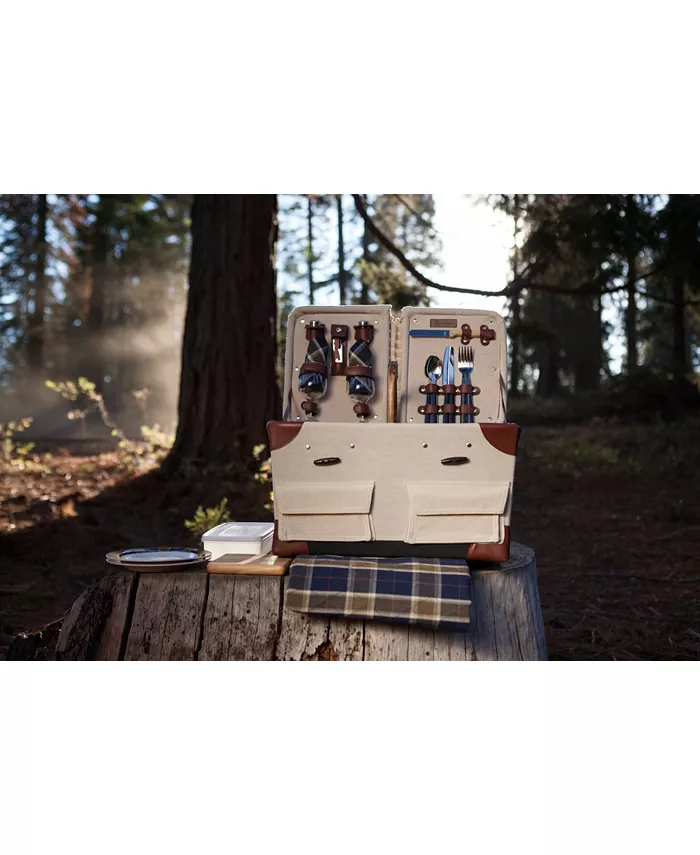 Picnic Time Pioneer Plaid-Accented Tan Picnic Basket