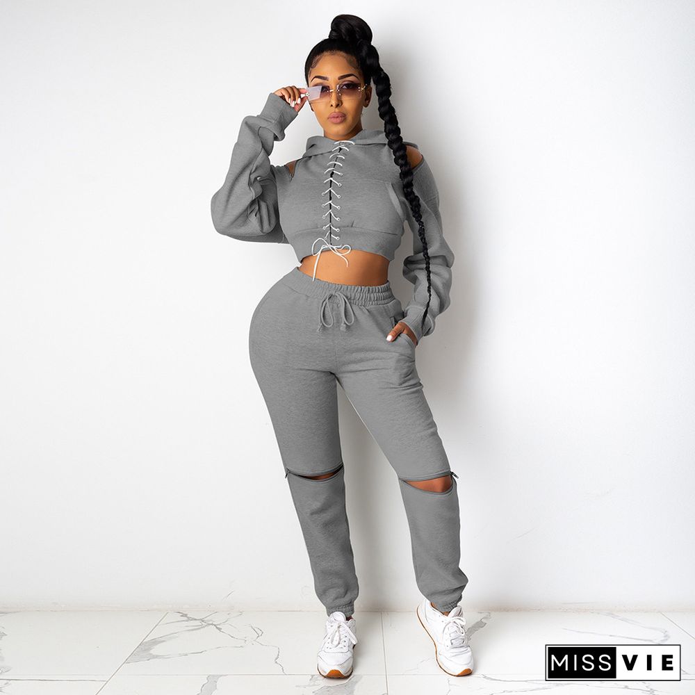 Cross Bandage Hooded Crop Top Hole Pants Outfits