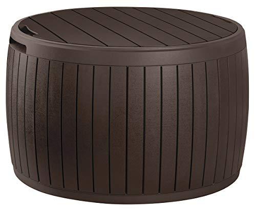 Keter Circa 37 Gallon Round Deck Box, Patio Table for Outdoor Cushion Storage, Brown