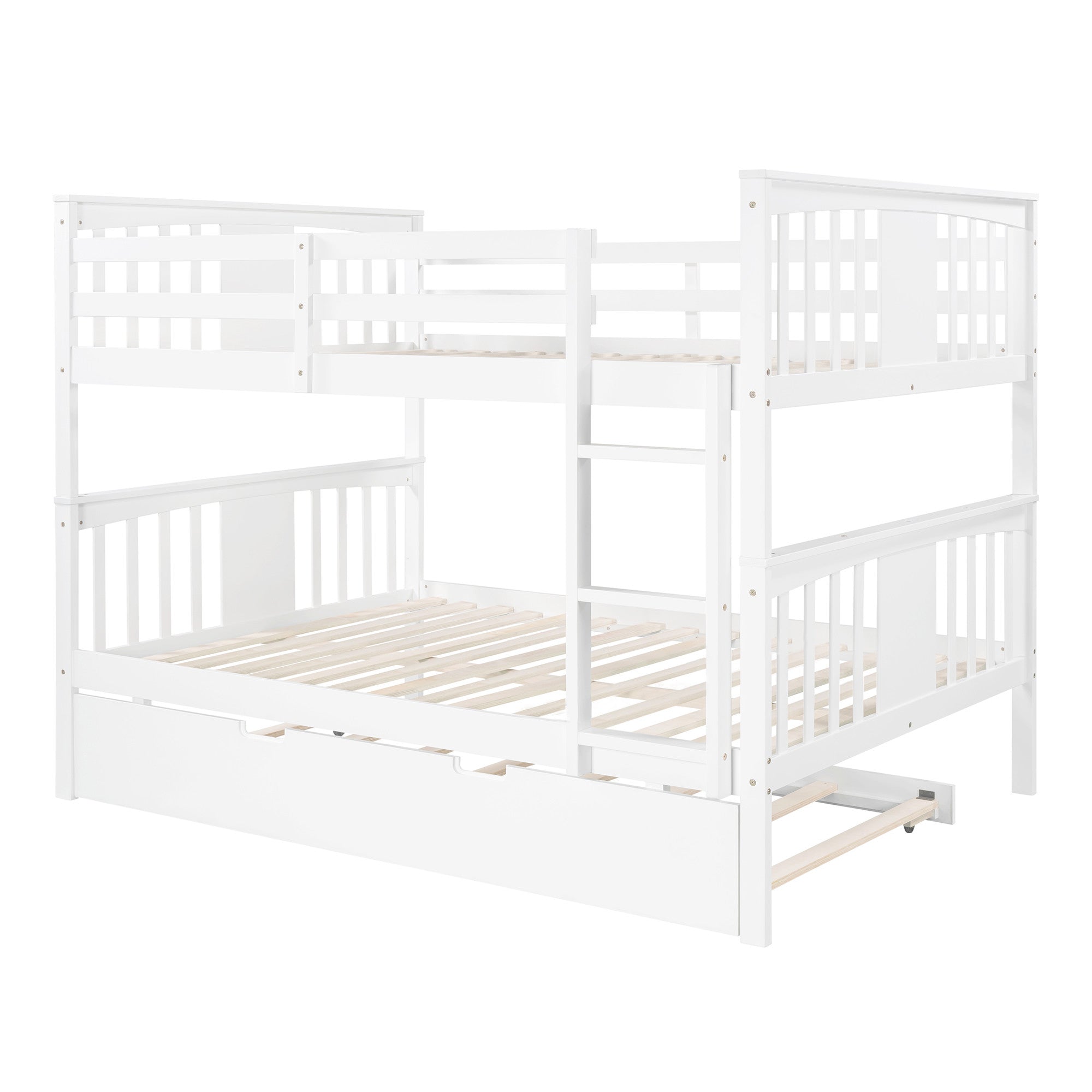 Full Over Full Bunk Bed with Twin Trundle Wood Bunk Bed Frame with Guard Rails and Ladder for Kids Boys Girls Teens Adults, Can be Convertible to 2 Beds,White