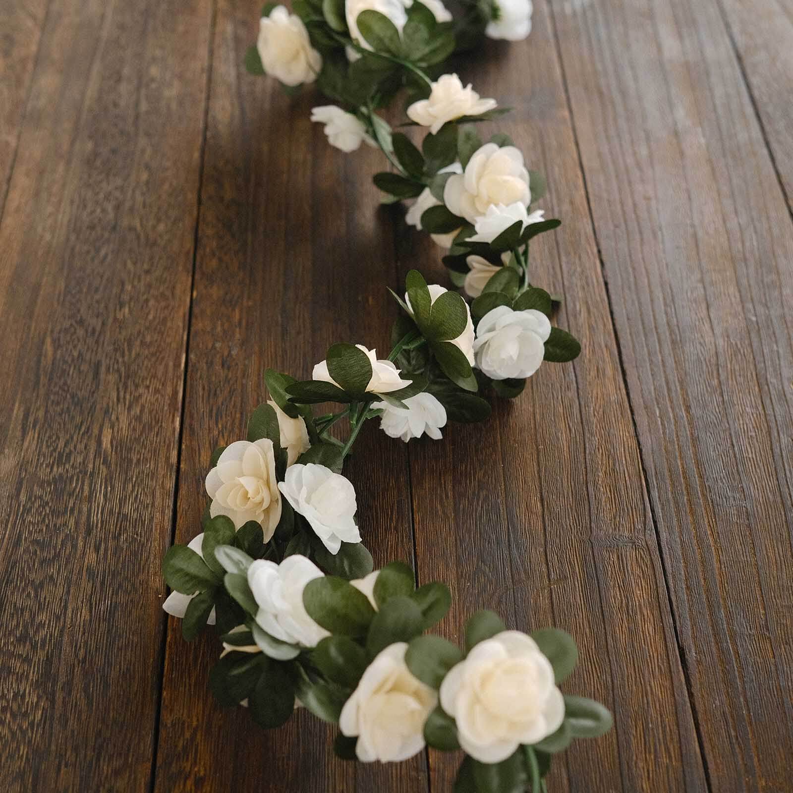 2 Pack Cream Ivory Artificial Silk Mini Rose Vines Hanging Flower Garland with 45 Flower Heads - 8ft