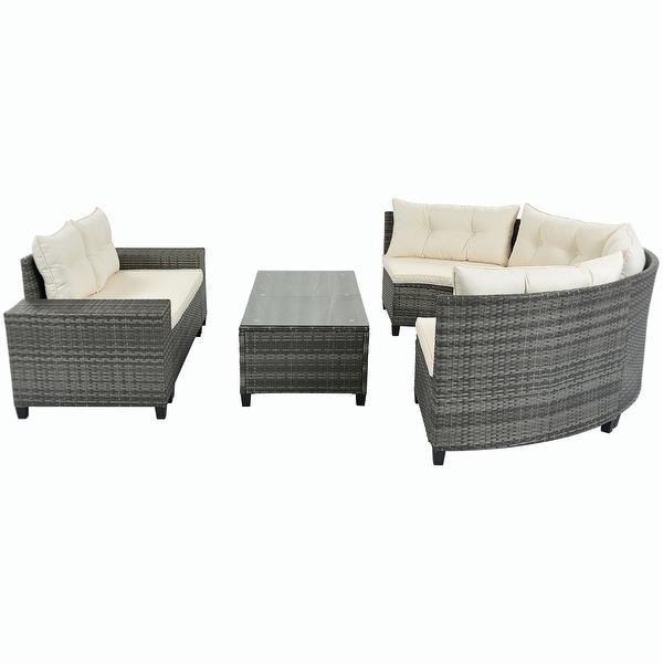 8pieces Outdoor Wicker Round Sofa Set，HalfMoon Sectional Sets All Weather，Curved Sofa Set With Rectangular Coffee Table