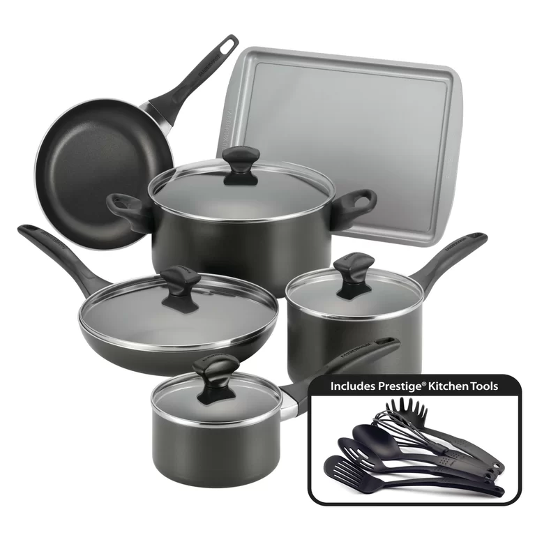 Farberware 21806 Dishwasher Safe 15-Piece Aluminum Nonstick Cookware Set in Black