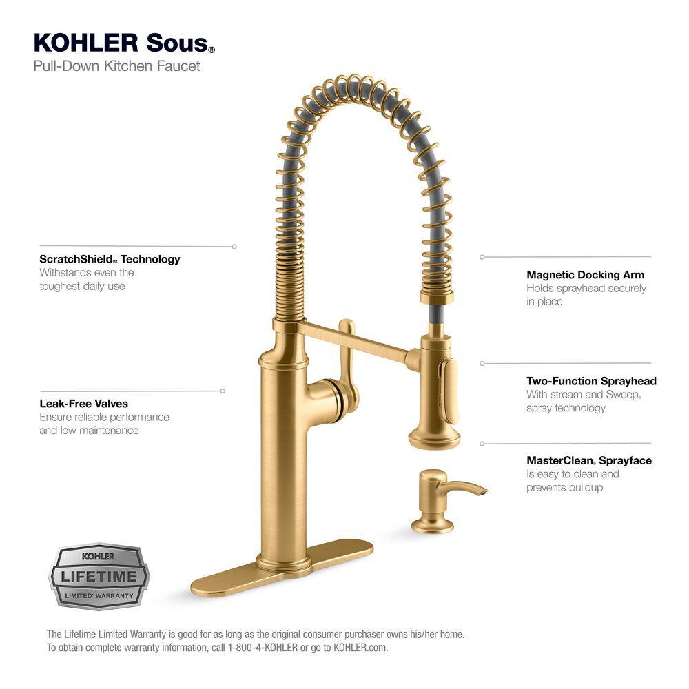 KOHLER Sous Pro-Style-Single Handle Pull Down Sprayer Kitchen Faucet in Vibrant Brushed Moderne Brass K-R10651-SD-2MB