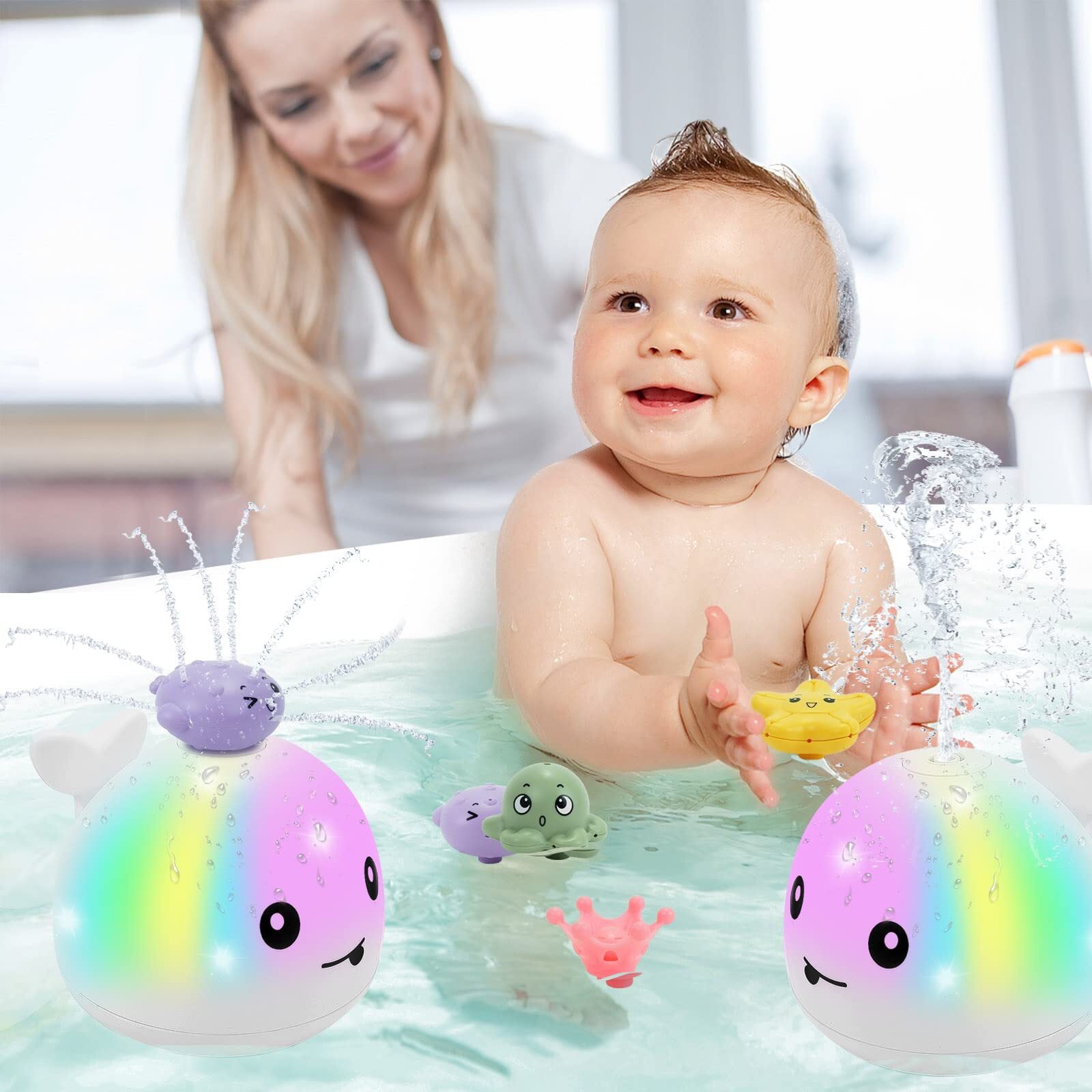 BESSNINI 2023 Upgraded Baby Whale Bath Toys Toddler Bath Toy Light-up Spraying Bathtub Toys for Baby Infants Boys Girls w/ 4 Water Spraying Modes White