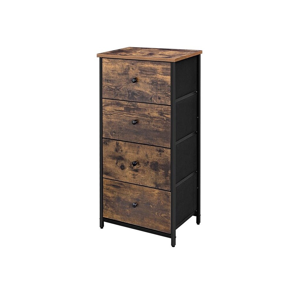 SONGMICS Rustic Vertical Dresser Tower  Industrial Drawer Dresser with 4 Drawers  Wooden Top and Front  Fabric Closet Storage