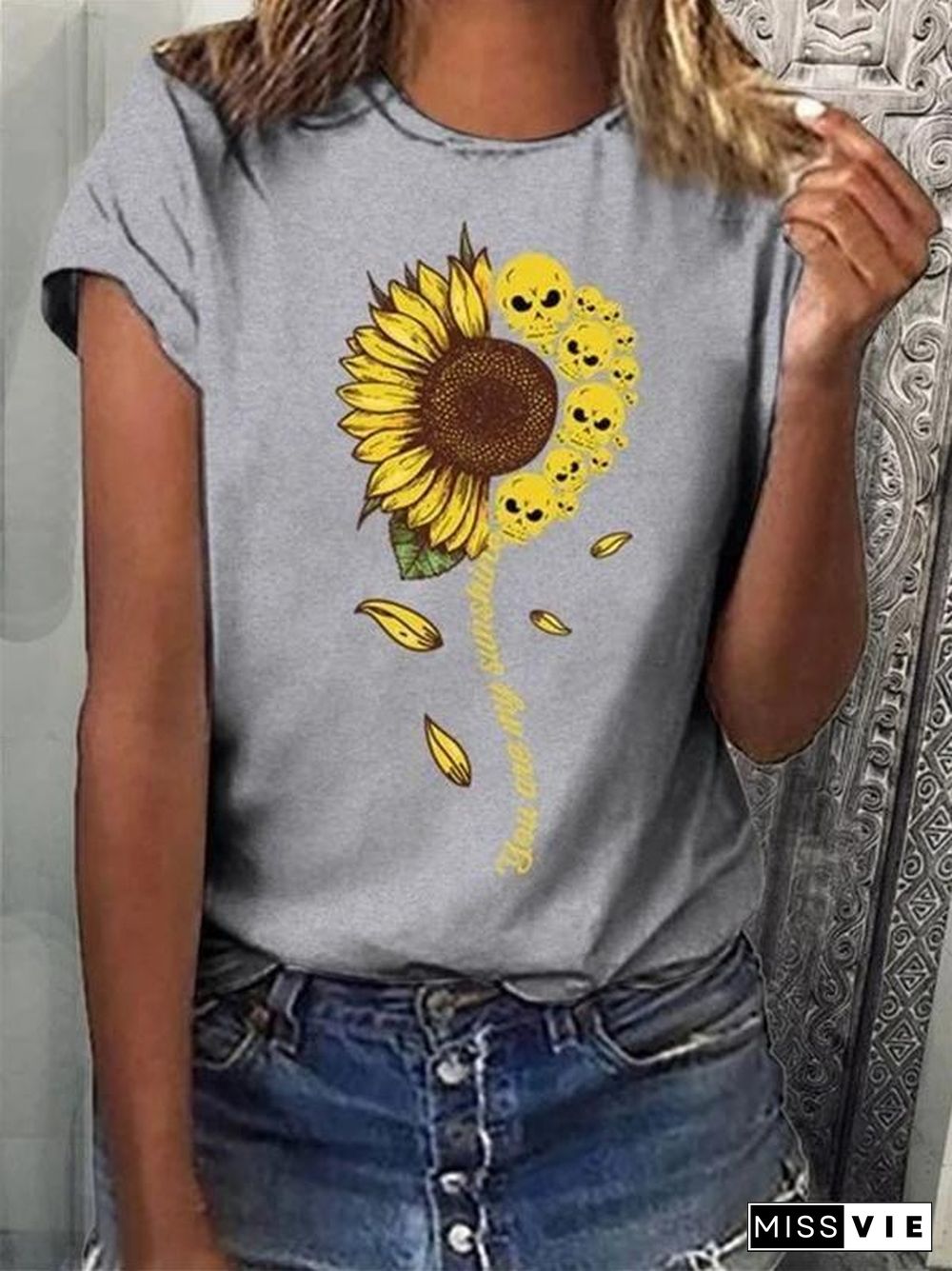 Summer Women Sunflower&Skull Pattern T-Shirt