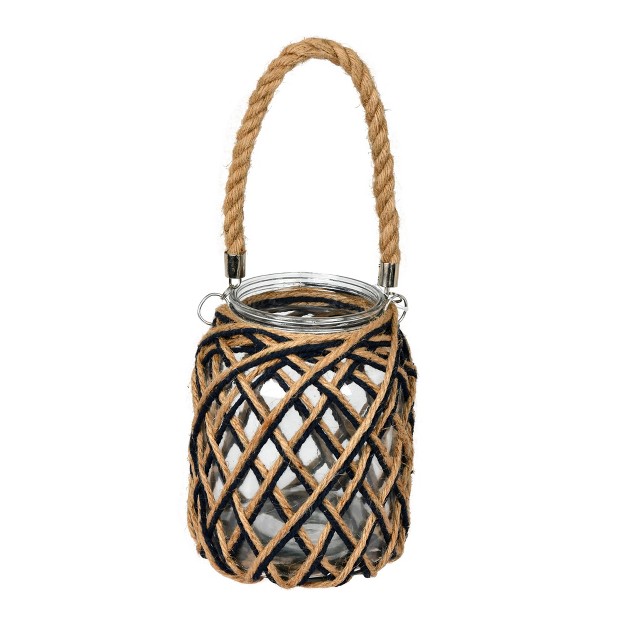 Glass Jar In Woven Jute Handle It Features A Combination Of Natural And Black Jute Rope Woven In A Diamond Pattern It Featues A