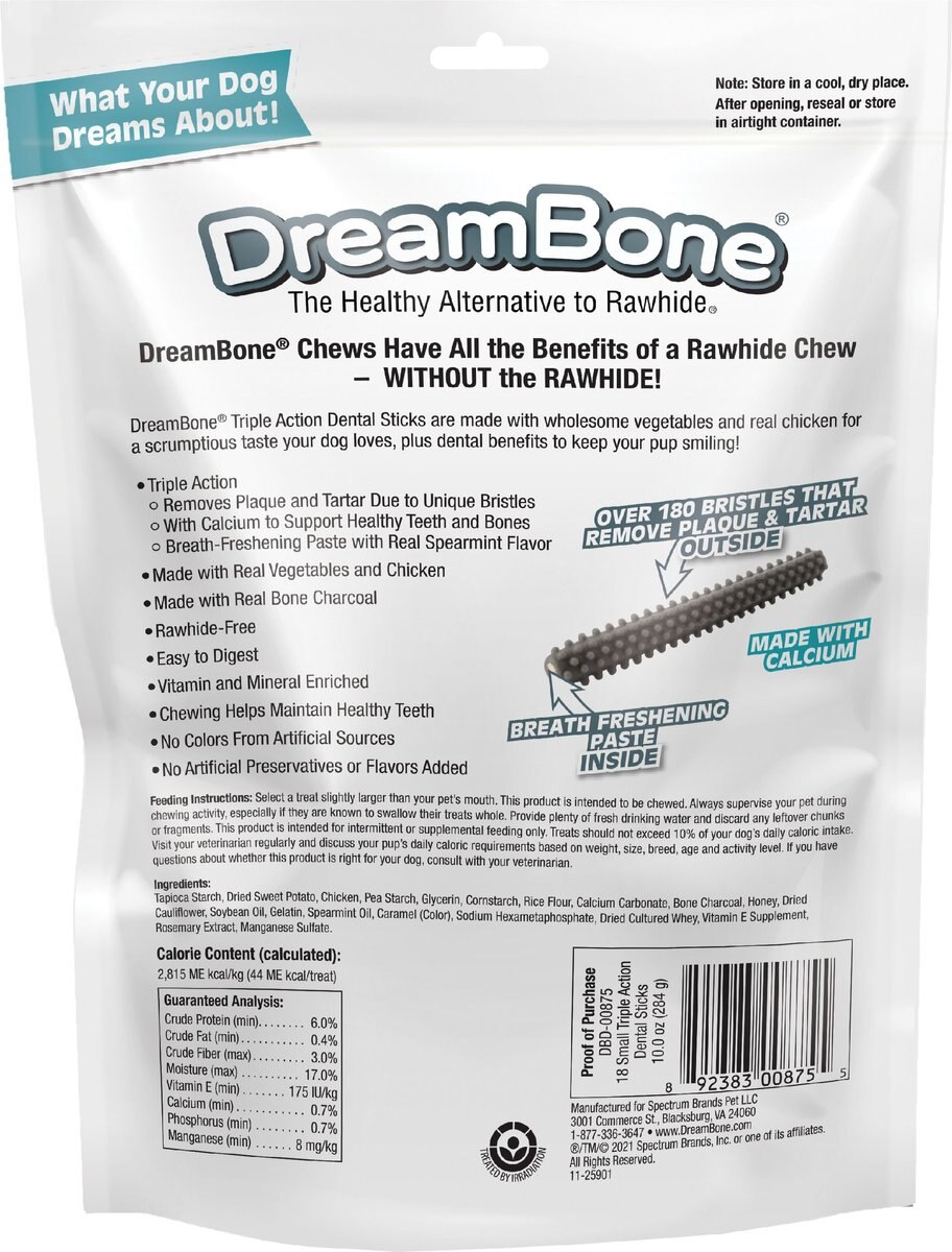 DreamBone Triple Action Dental Sticks Charcoal Dog Dental Treat， 10-oz bag， 18 count