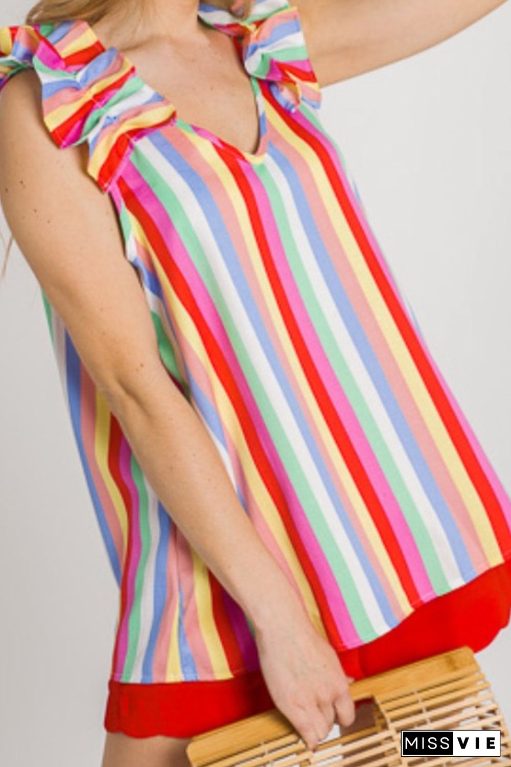 Multicolor Striped V Neck Ruffle Straps Tank Top