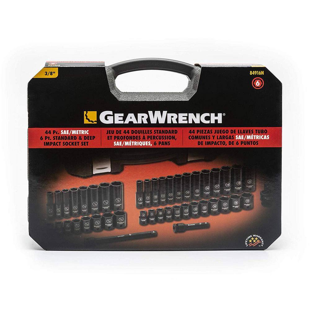 GEARWRENCH 38 in. Drive 6-Point SAEMetric Standard  Deep Impact Socket Set (44-Piece) 84916N