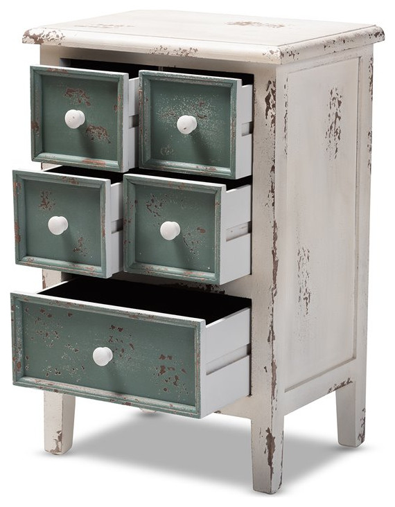 Bowery Hill 5 Drawers Farmhouse Wood End Table in White/Teal   Farmhouse   Side Tables And End Tables   by Homesquare  Houzz