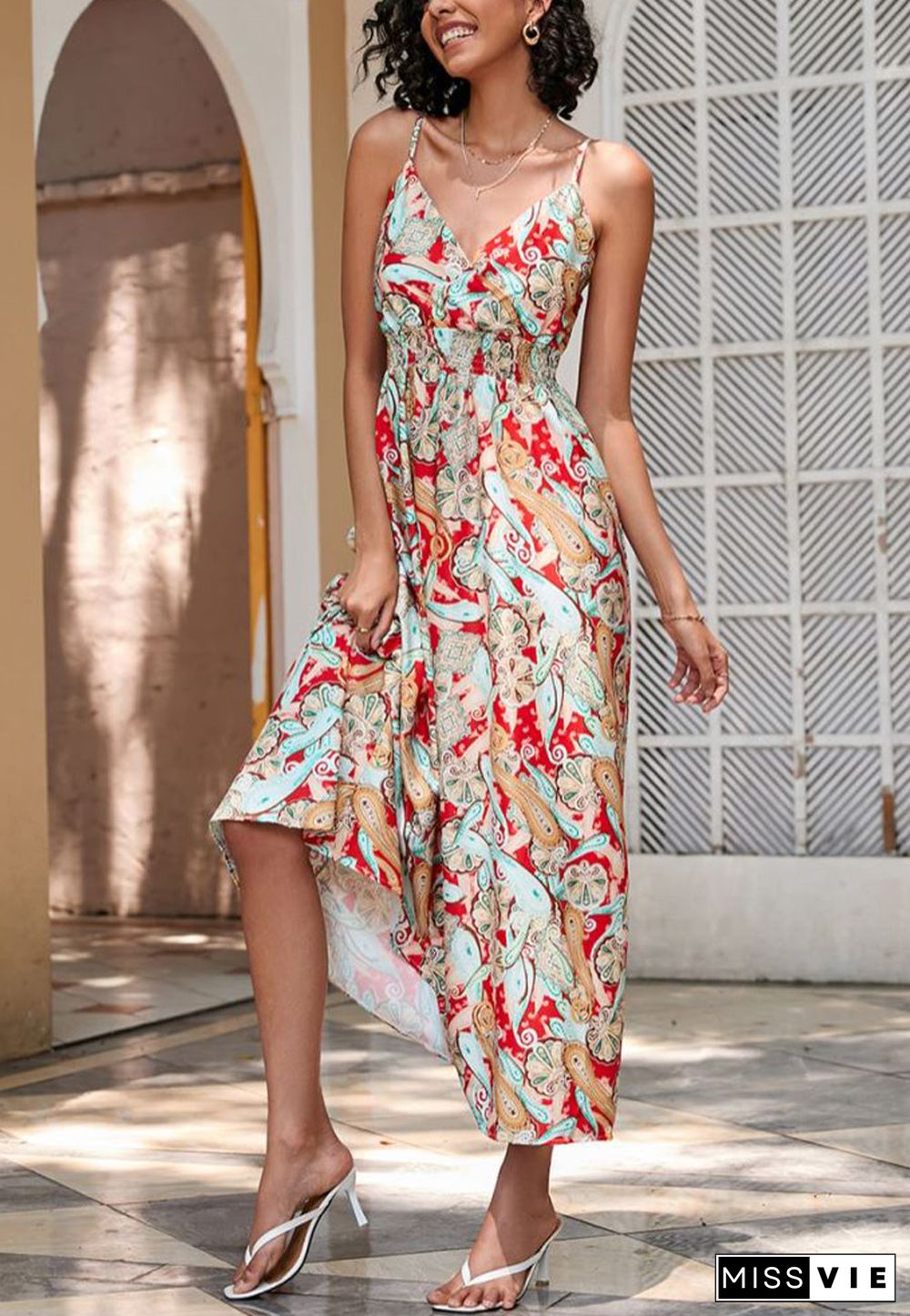 Tropical Leaf Print Surplice Neck Dress