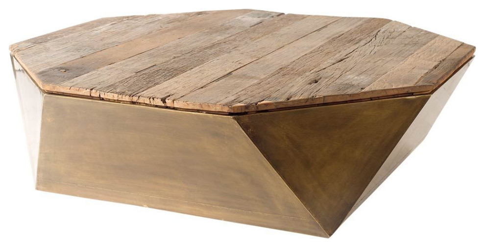 HomeRoots Hexagon Hinged Solid Wood Brass Metal Coffee Table With Storage   Transitional   Coffee Tables   by VirVentures  Houzz