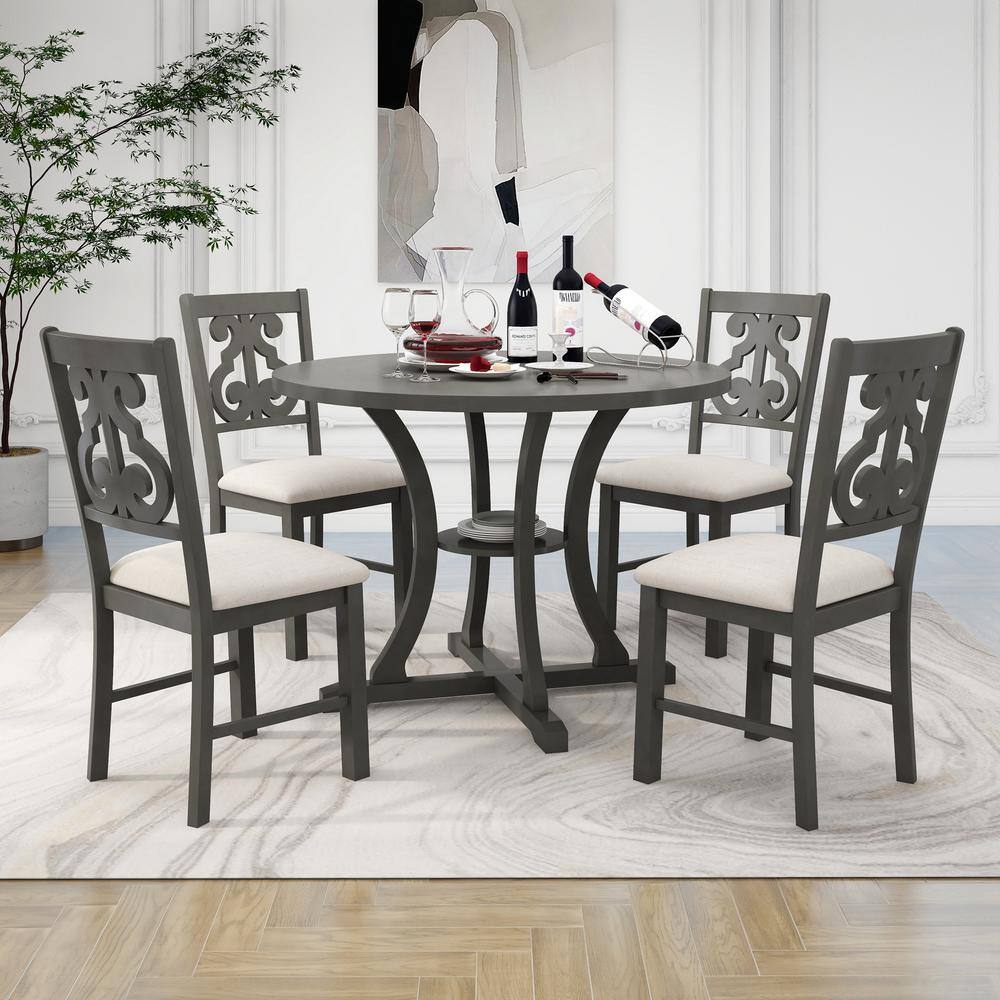 Harper  Bright Designs Exquisitely Designed 5-Piece Round Wood Top Gray Dining Table Set with Special-shaped Legs and Hollow Chair Back XW014AAE