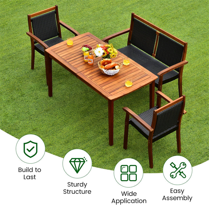 4 Pcs Rattan & Acacia Wood Outdoor Patio Dining Table Set with Loveseat & 2 Armchairs, Umbrella Hole