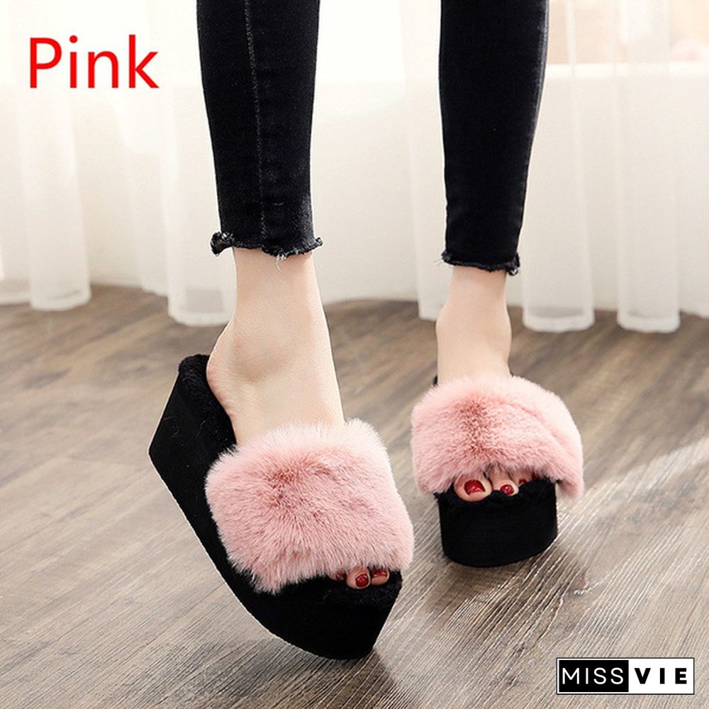 Home Slippers 7 Cm High Heel Women's Plush Shoes Autumn Winter Home Shoes Thick Heel Non-Slip Plush Slippers